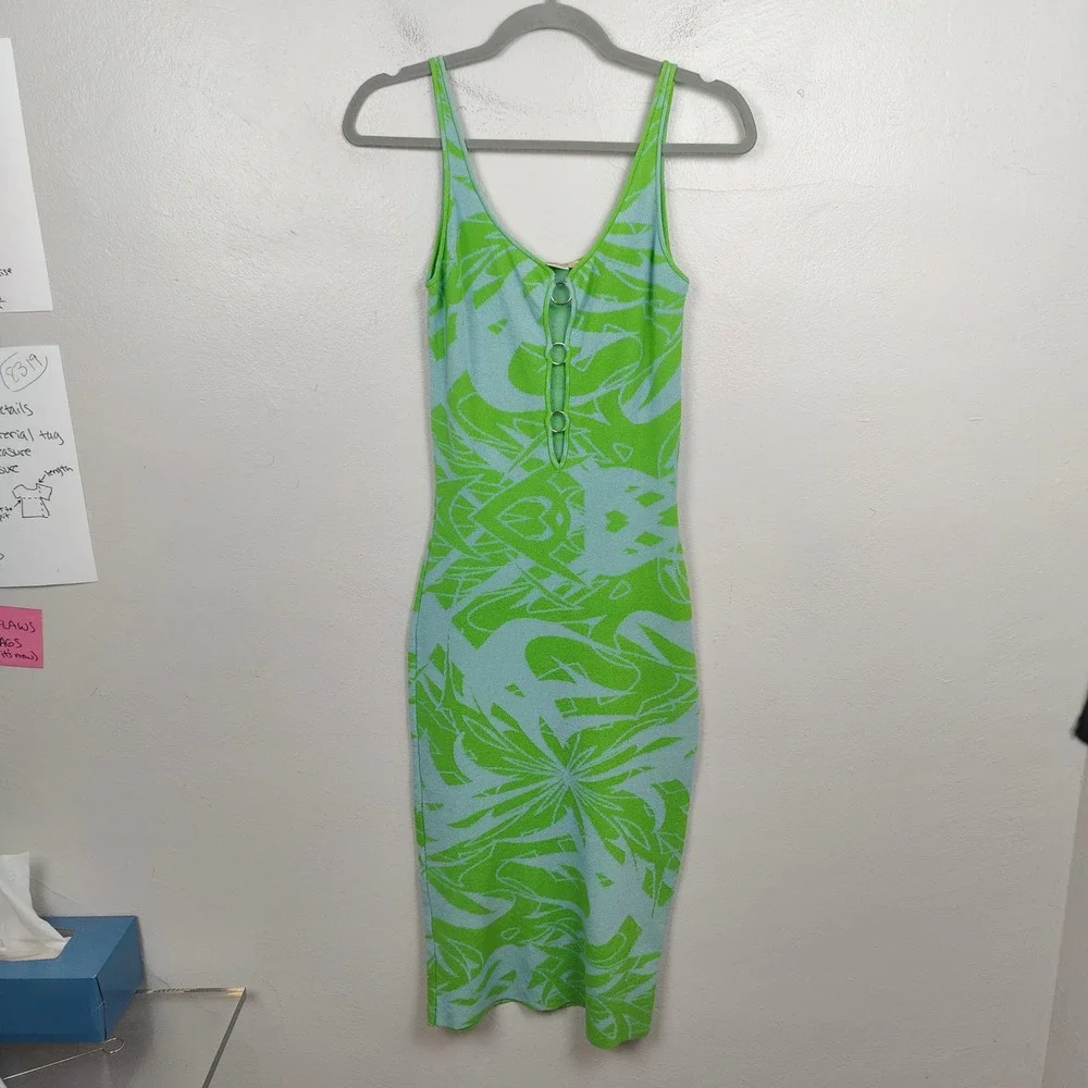 Paloma Wool Scorpia Dress Womens Small Green Blue Splash Print Keyhole Midi - Picture 2 of 11